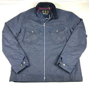 Barbour Weldon Waxed Cotton Jacket Size Large Navy Blue Quilted Tartan Lining